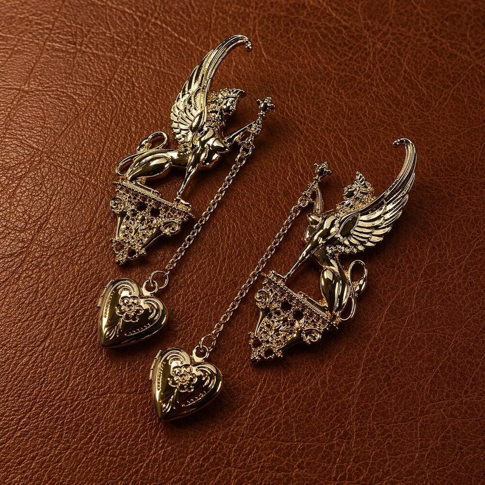 Medieval Earrings Wings Griffin Cherub Heart Antique VTG Gold Victorian Museum